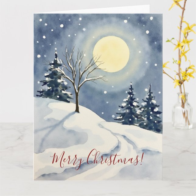Tarjeta Minimal Winter Moon Watercolor Christmas Art (flor amarilla)