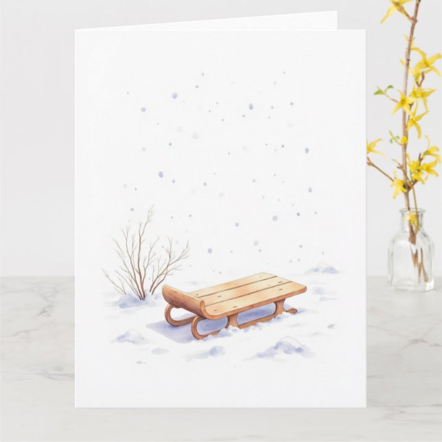 Tarjeta Minimal Winter Sled Watercolor Christmas Art (flor amarilla)