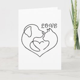 Tarjeta Minimalist Dog and Cat Heart - One Line Art Design