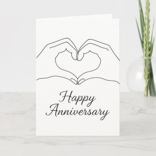 Tarjeta Minimalist Line Art Hands Heart Happy Anniversary  (Anverso)