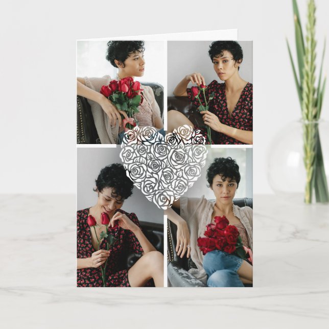 Tarjeta Minimalist Rose Heart Photo Collage Custom  (Anverso)