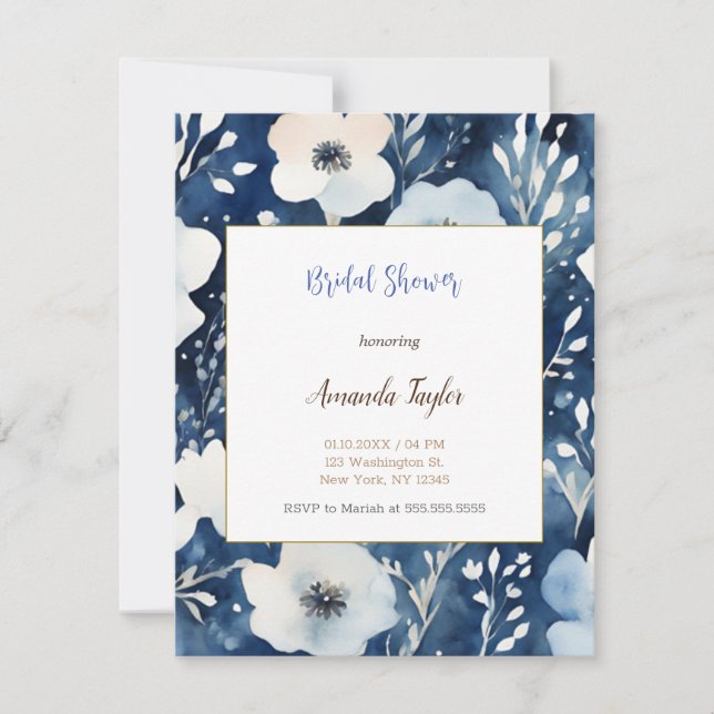 Tarjeta Minimalista de Baby Shower Azul Blanco Flo (Anverso)