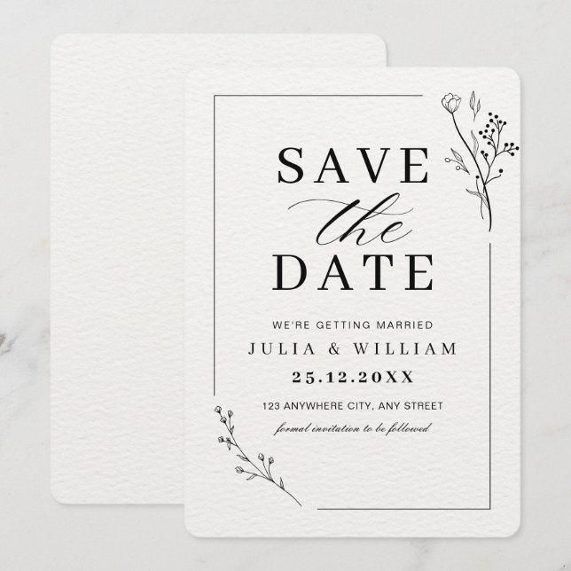 Tarjeta minimalista de fecha de guardado, boda mod (Anverso / Reverso)