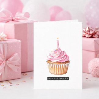 Tarjeta Minimalistische Hip Hip Hoera Roze Cupcake Jarig 
