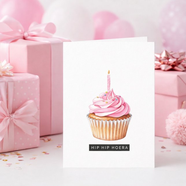 Tarjeta Minimalistische Hip Hip Hoera Roze Cupcake Jarig  (Subido por el creador)