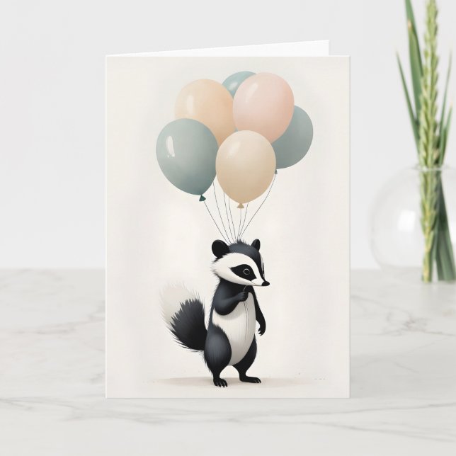 Tarjeta Mínimo Boho Lindos Mapaches con Globos Blanco (Anverso)