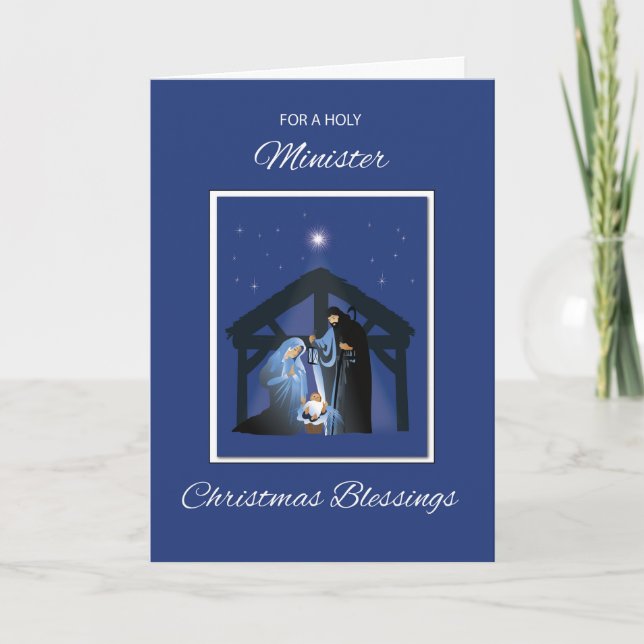 Tarjeta Ministro Navidades bendiciendo a Manger con azul (Anverso)