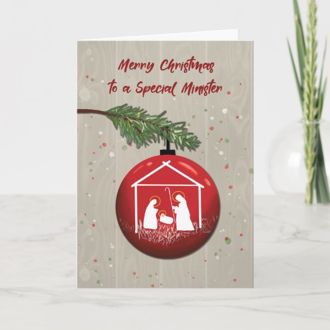 Tarjeta Ministro Ornamento de Navidad con Manger (Anverso)