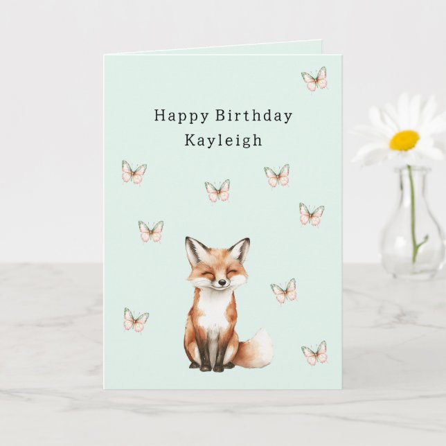 Tarjeta Mint Cute Happy Fox Butterflies Birthday (Planta pequeña)