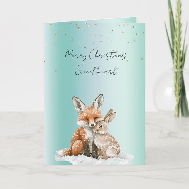 Tarjeta Mint Fox Bunny Love Glitter Sweetheart Christmas (Anverso)