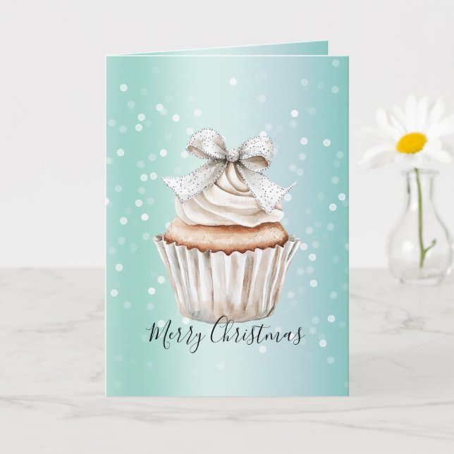 Tarjeta Mint White Bokeh Dots Bow Cupcake Christmas (Planta pequeña)