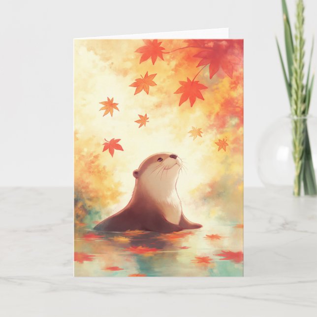 Tarjeta Mirada de nutria bajo hojas que caen (Anverso)