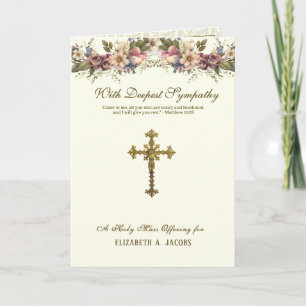 Tarjeta Misa de simpatía católica Ofrenda Crucifijo Floral
