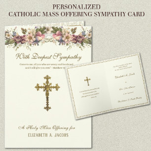 Tarjeta Misa de simpatía católica Ofrenda Crucifijo Floral