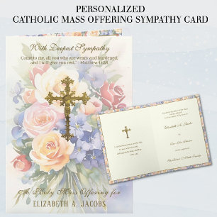 Tarjeta Misa de simpatía católica Ofrenda Crucifijo Floral
