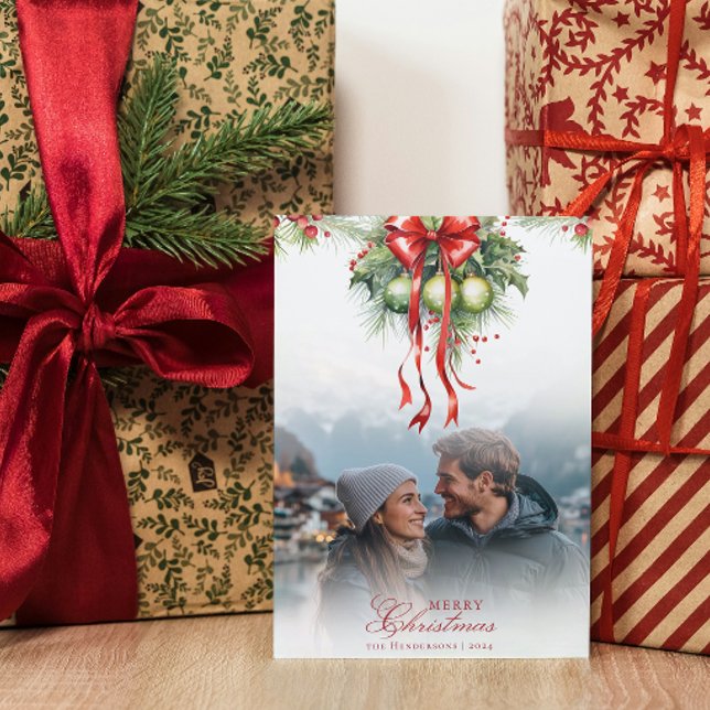 Tarjeta Mistletoe Couple Photo & Name Navidades (Subido por el creador)
