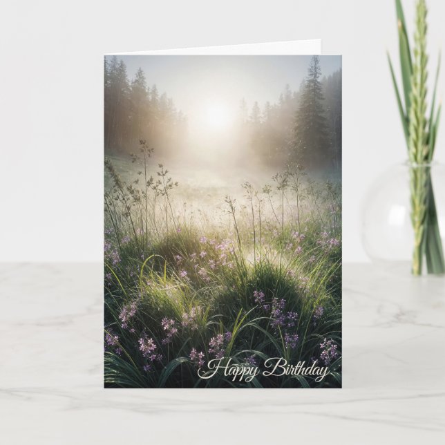 Tarjeta Misty Morning Meadow Cumpleaños (Anverso)