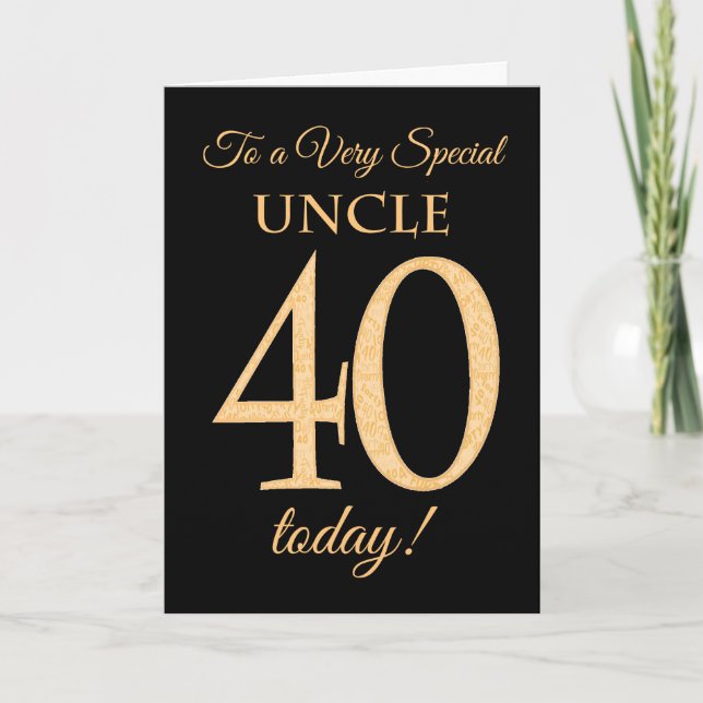 Tarjeta Moda 40.º efecto oro en negro, tío cumpleaños (Anverso)