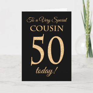 Tarjeta Moda 50.º efecto oro en negro, cumpleaños primo