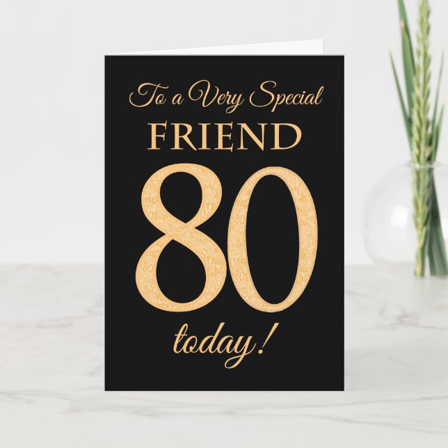 Tarjeta Moda 80.º efecto oro en negro, cumpleaños de amigo (Anverso)