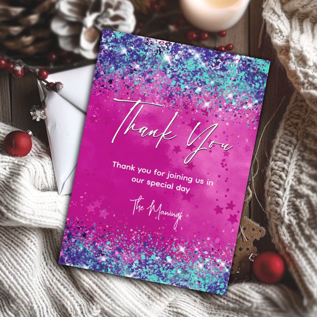 Tarjeta Moda aqua purpurina rosa iridiscente gracias (Subido por el creador)