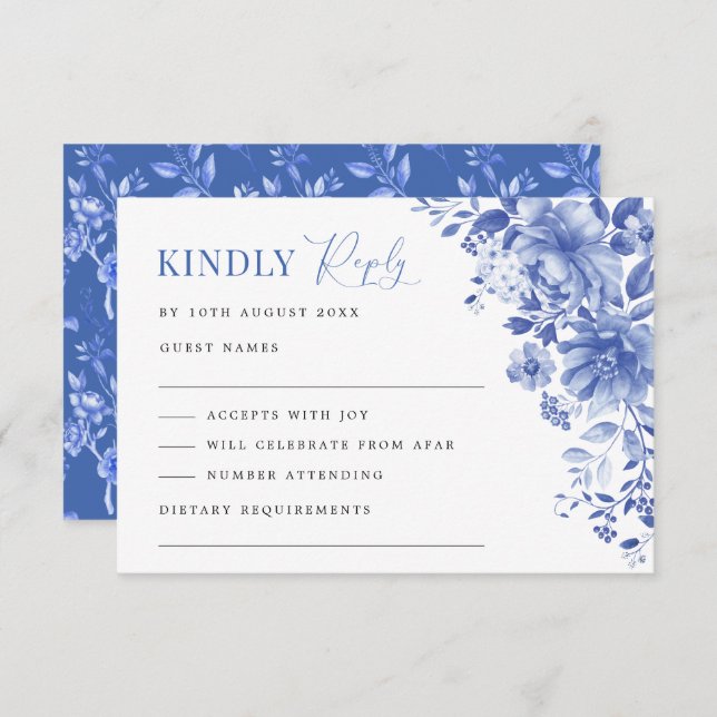 Tarjeta Moda Azul Chinoiserie Boda Floral RSVP (Anverso / Reverso)