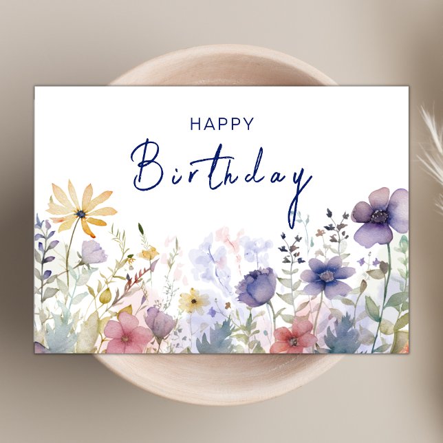 Tarjeta Moda Boho Navy Wildflower Tema feliz cumpleaños (Subido por el creador)