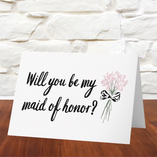 Tarjeta Moda Bouquet, será mi propuesta de honor (Ask in style with this chic maid of honor proposal card featuring a delicate floral bouquet and bow.)