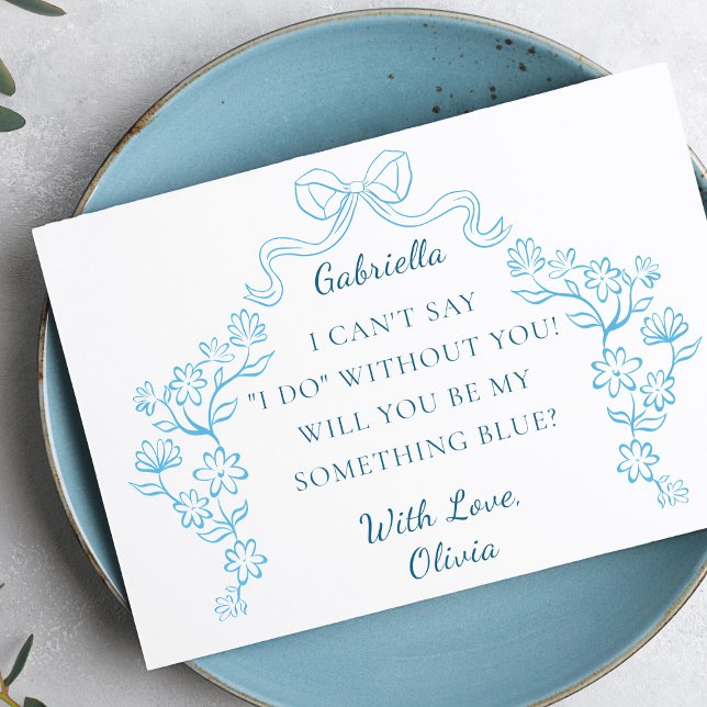 Tarjeta Moda cede algo a la propuesta del Partido Bridal d (Propose to your bridesmaids with this beautifully designed floral bow 'Something Blue' card.)
