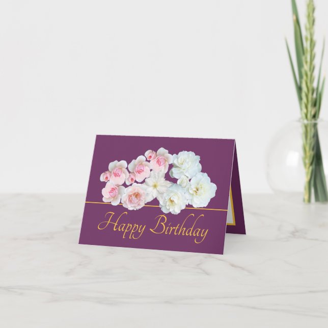 Tarjeta Moda de oro morado Bouquet rosas blancas rosadas C (Anverso)