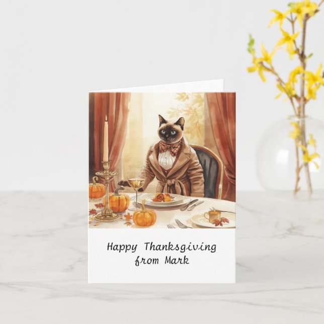 Tarjeta Moda de otoño gato siamés gatito en la cena (flor amarilla)
