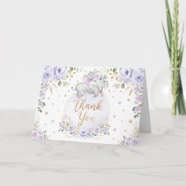 Tarjeta Moda Elefante Morado Floral Baby Shower Gracias (Anverso)