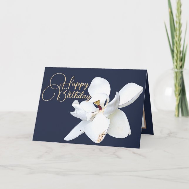 Tarjeta Moda Floral Blanco Magnolia Flor Azul cumpleaños (Anverso)