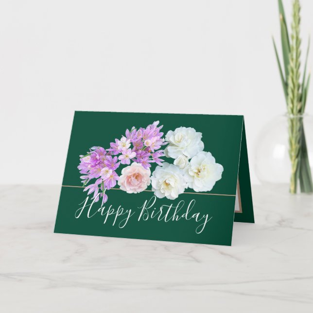 Tarjeta Moda Floral Bouquet Rosa y Crocus Flowers Cumpleañ (Anverso)