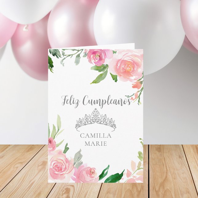Tarjeta Moda Floral rosa plata tiara Feliz cumpleaños (Subido por el creador)