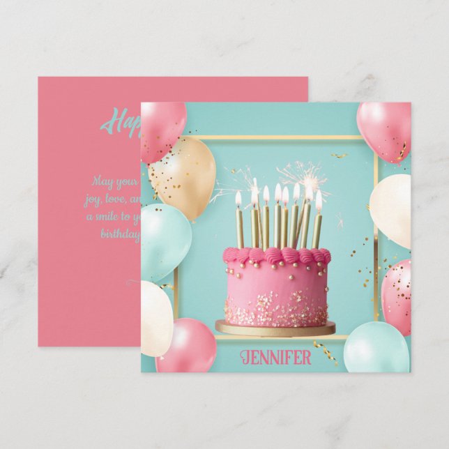 Tarjeta Moda Globos y pastel de cumpleaños editable a la l (Anverso / Reverso)