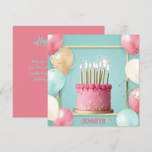 Tarjeta Moda Globos y pastel de cumpleaños editable a la l