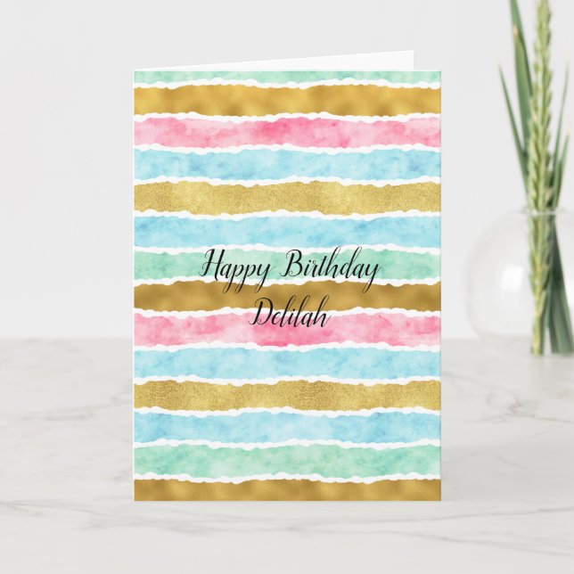 Tarjeta Moda Gold Watercolor Stripes Cumpleaños (Anverso)