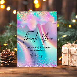 Tarjeta Moda holográfica unicornio goteo purpurina gracias