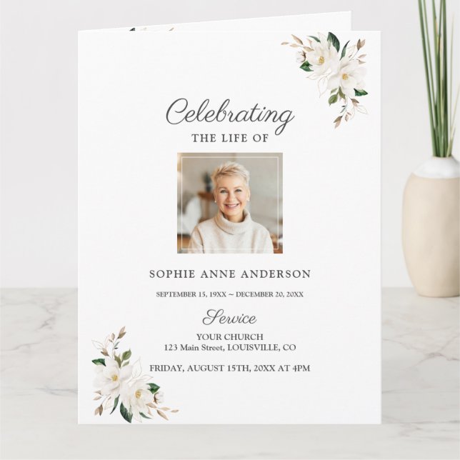 Tarjeta Moda Magnolia Floral Funeral Service Photo Program (Anverso)