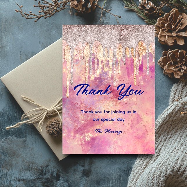 Tarjeta Moda rosa goteo holográfico rosa rubor gracias (Subido por el creador)