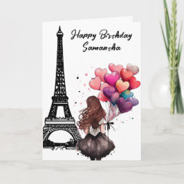 Tarjeta Moda Torre Eiffel, Chica, Globos del Corazón Cumpl