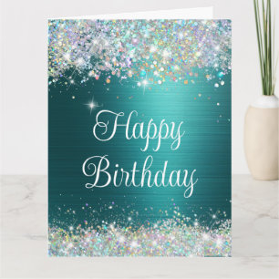 Tarjeta Moda Verde azulada Holografía Faux Purpurina Feliz