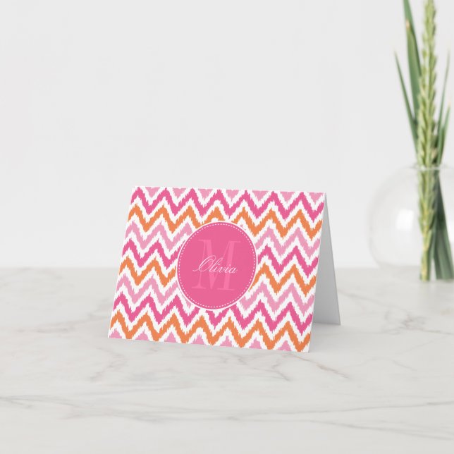 Tarjeta Modelo fucsia rosado anaranjado de Ikat del zigzag (Anverso)