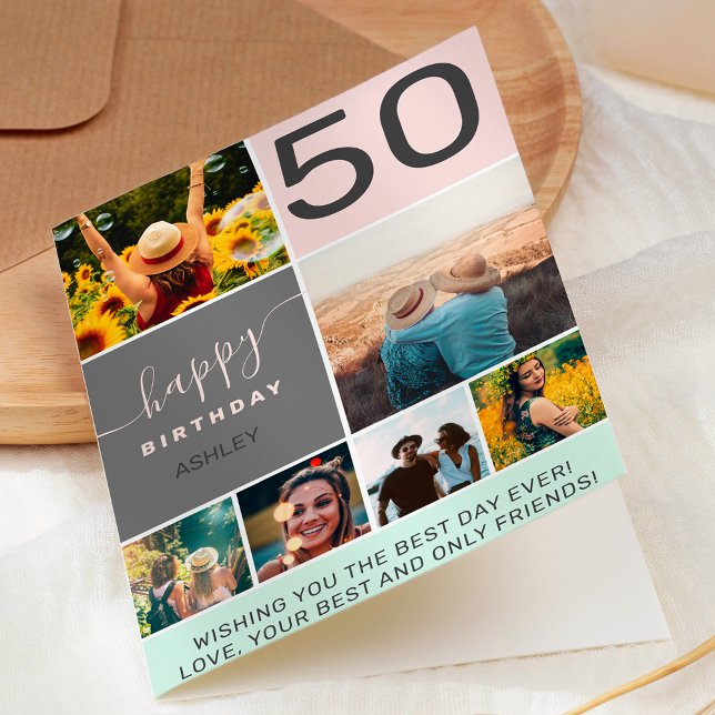 Tarjeta Modern 50th birthday pink 6 photo collage grid (Subido por el creador)