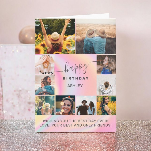 Tarjeta Modern birthday girly marble 11 photo collage grid (Modern birthday girly marble 11 photo collage grid card)