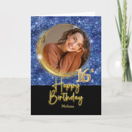 Tarjeta Modern Blue & Gold Script Photo Name 16th Birthday