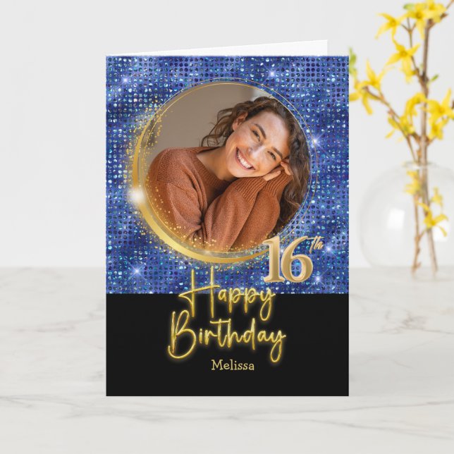 Tarjeta Modern Blue & Gold Script Photo Name 16th Birthday (flor amarilla)