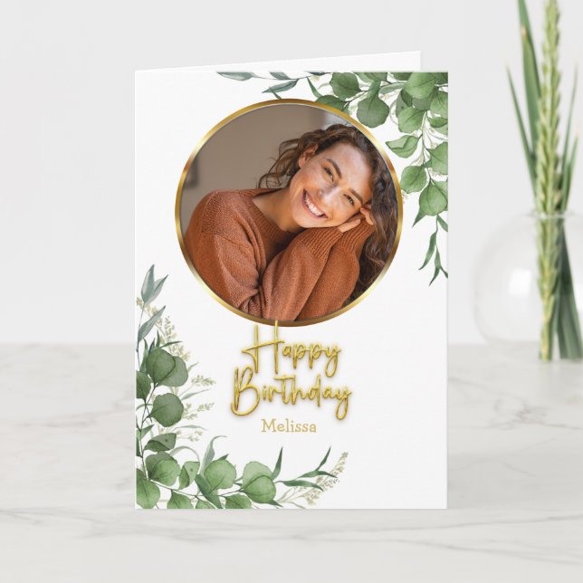 Tarjeta Modern Botanical Script Circle Photo Birthday (Anverso)