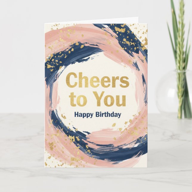Tarjeta Modern Chic Navy and Blush Gold Splatter Birthday  (Anverso)